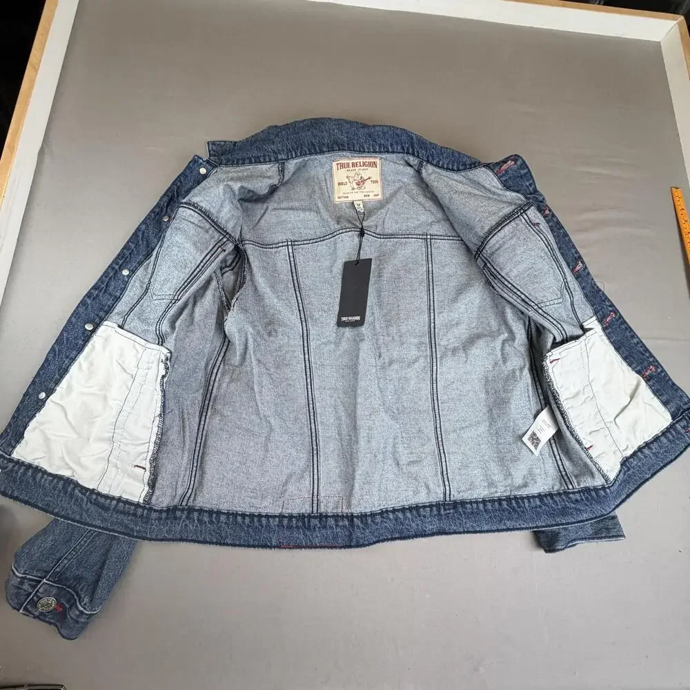 True Religion Jacket Mens Medium Blue Denim TRBJ Print SN Graphic 701133